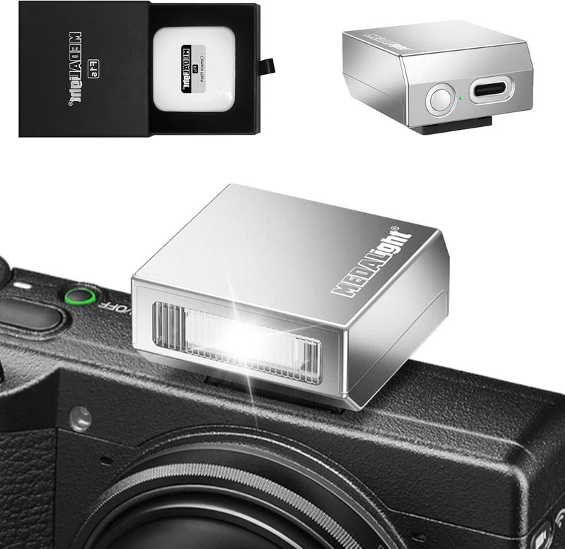 MEDALight New Aluminum F1s Mini Camera Flash for Ricoh GR3/GR3X/Fuji/Sony ZV1/Nikon/Canon/Olympus/Digital Film Cameras,Portable Hot Shoe Speedlite for DSLR Camera(Silver) - Image 1